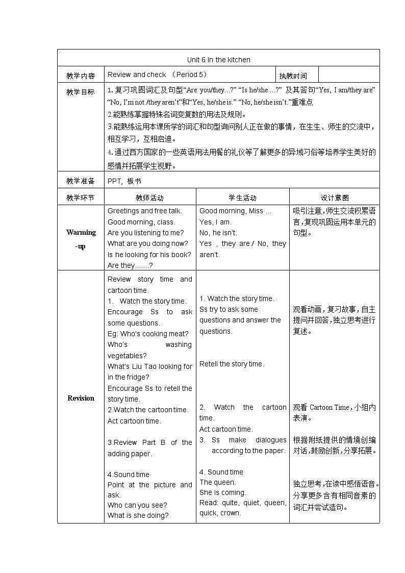 Unit6 In the kitchen Checkout time  教案第1页
