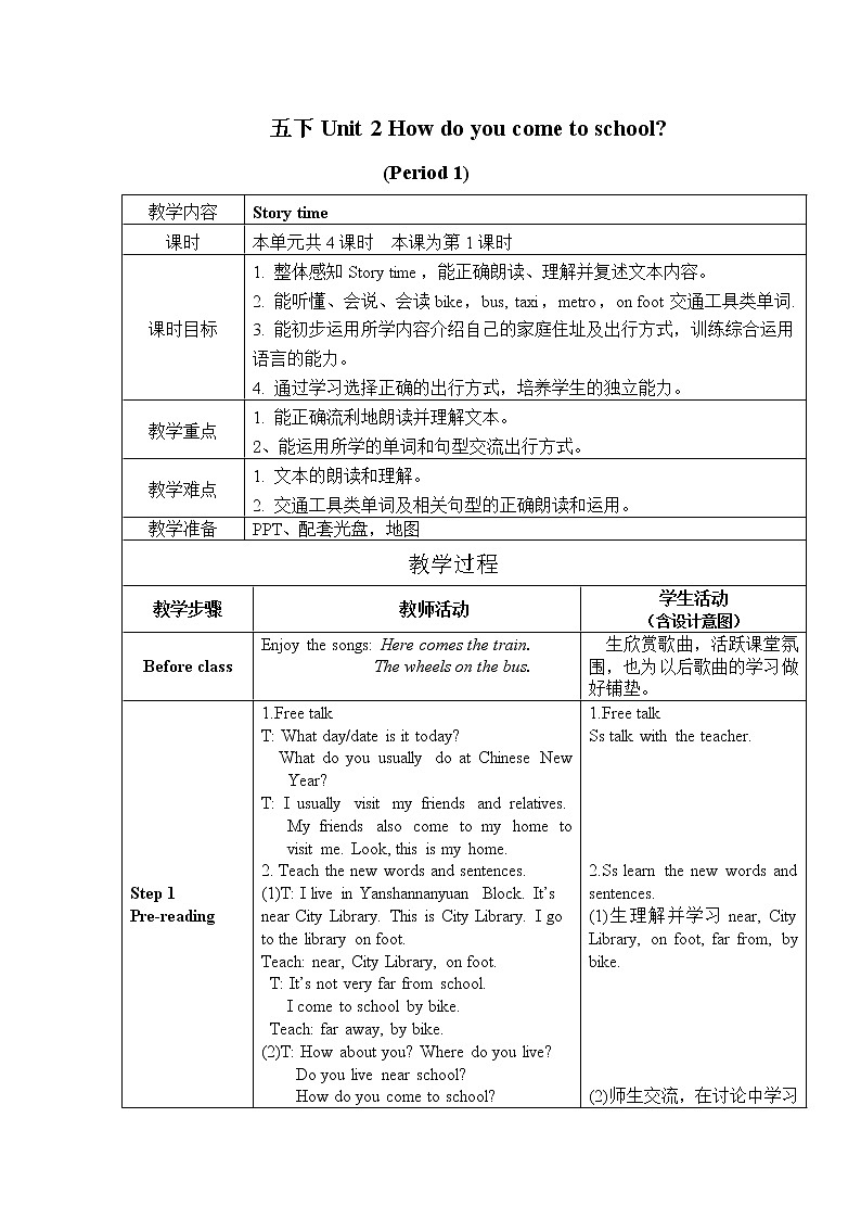 Unit2 How do you come to school Story time 教案01