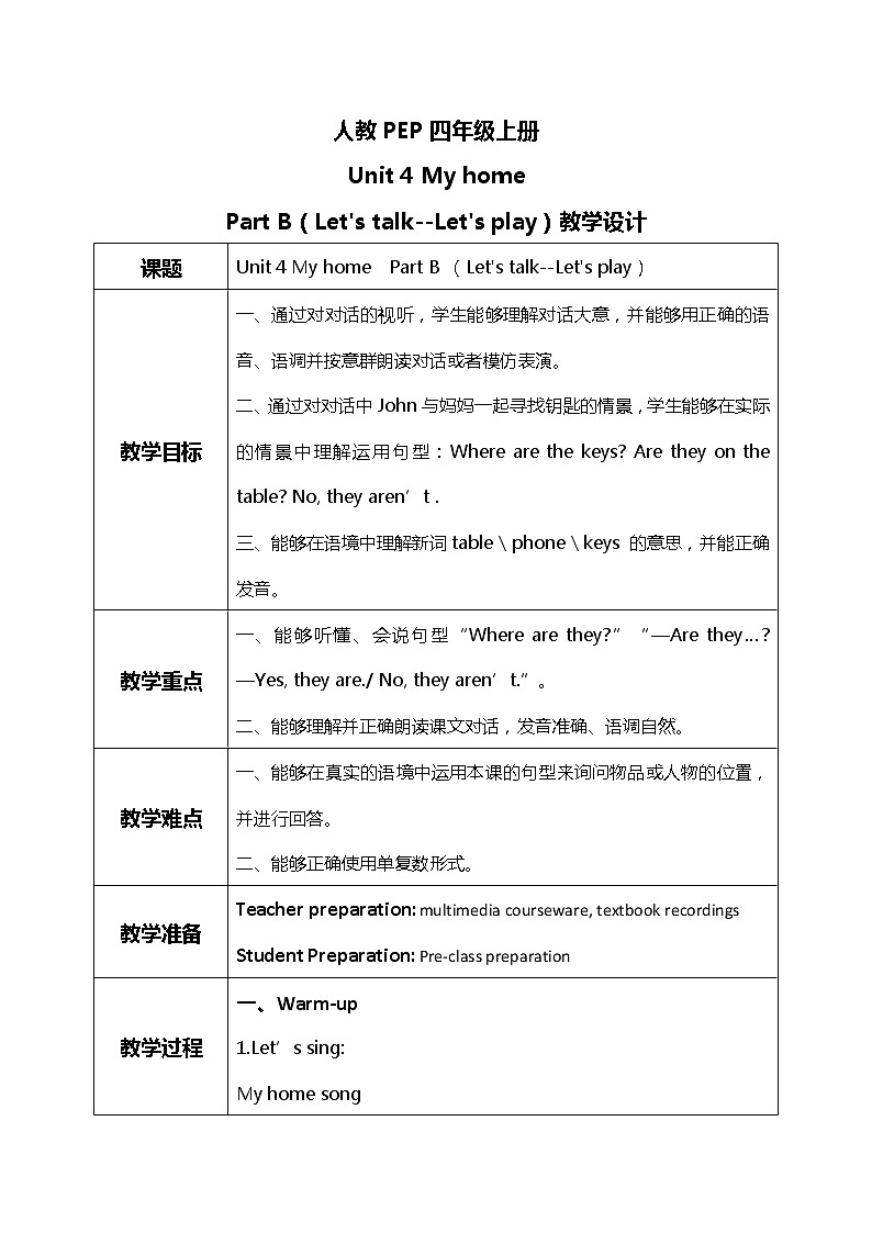 人教版PEP四上《Unit 4 My home Part B（Let's talk--Let's play）》课件+教学设计+素材01