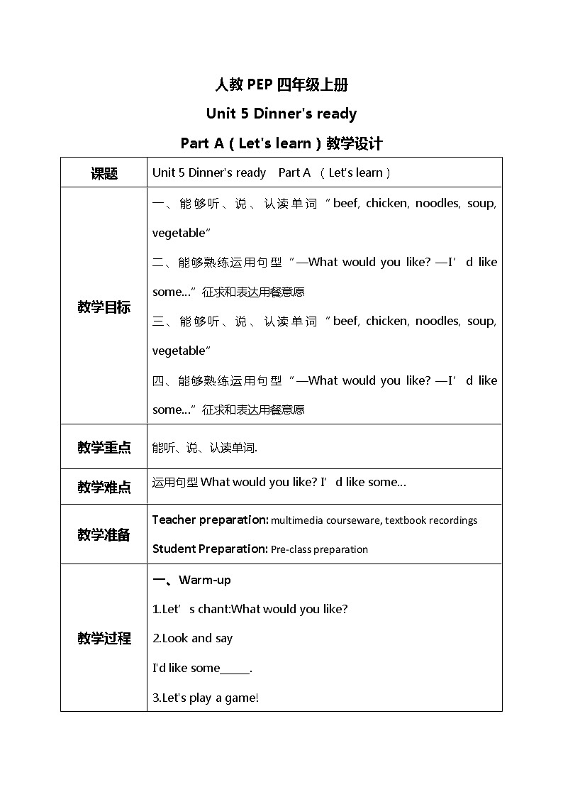 人教版PEP四上《Unit 5 Dinner's ready Part A（Let's learn）》课件+教学设计+素材01