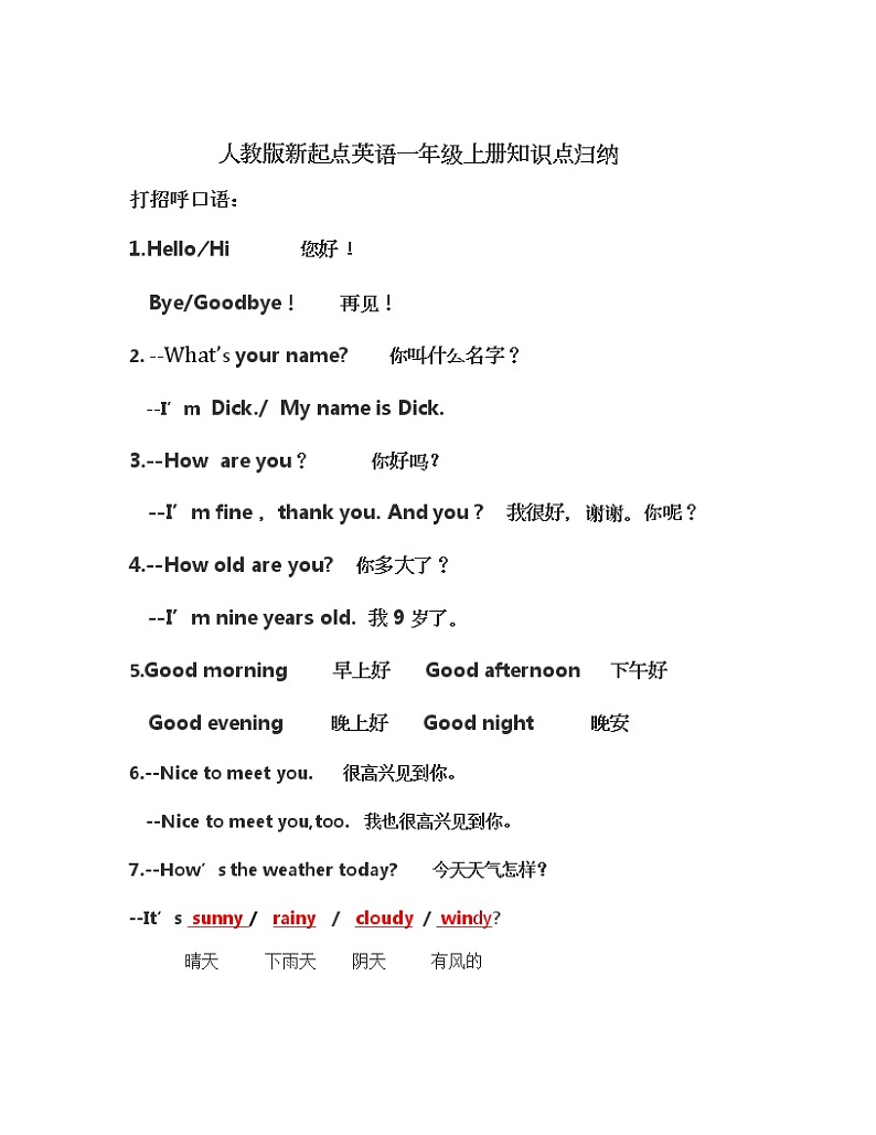人教版新起点英语一年级上册知识点归纳01