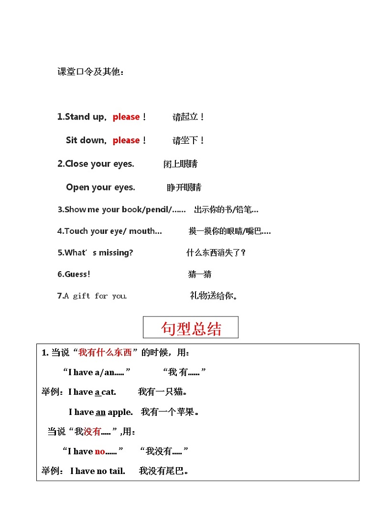 人教版新起点英语一年级上册知识点归纳02