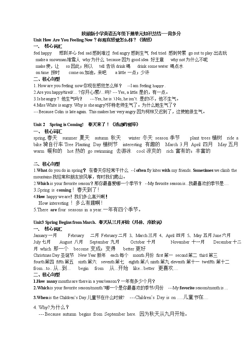 陕旅五下英语期末复习重点单词句型第1页