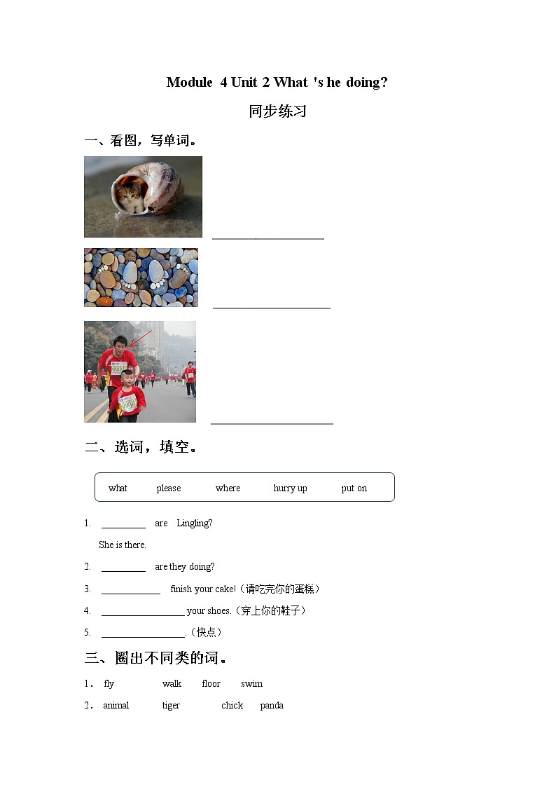 外研版小学英语（一年级起点）二年级下册Module 4 Unit 2 What 's he doing.同步练习（含答案）01