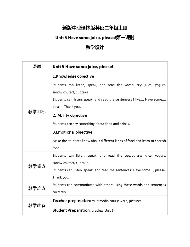 Unit 5 Have some juice, please! Period 1教学设计第1页