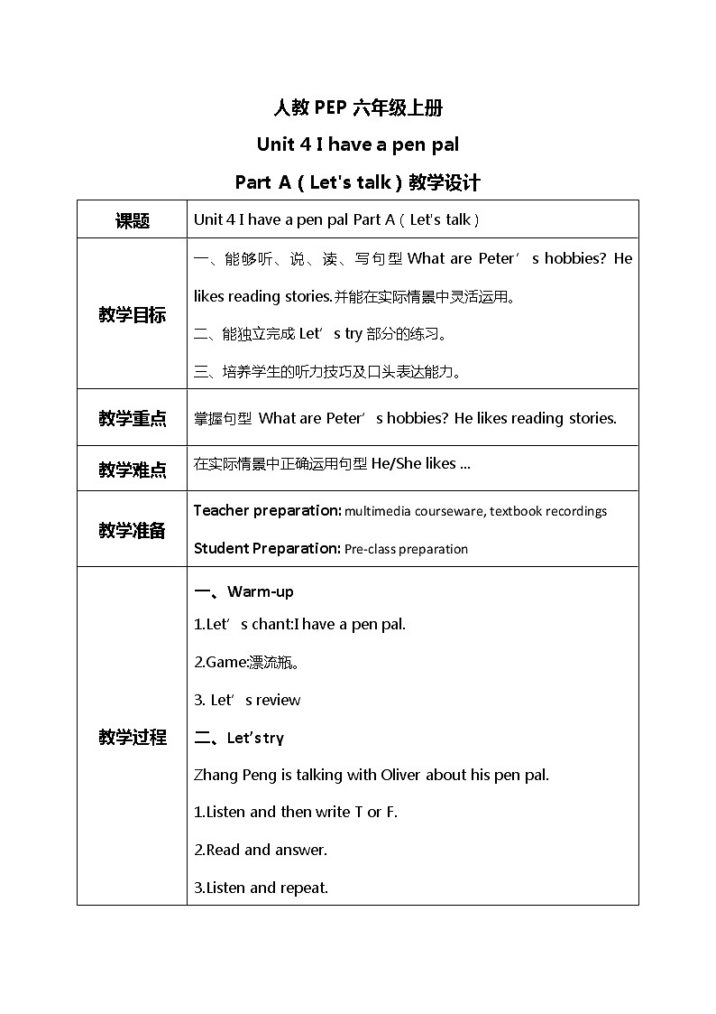 人教版PEP六上《Unit 4 I have a pen pal Part A（Let 's talk）》教学设计第1页