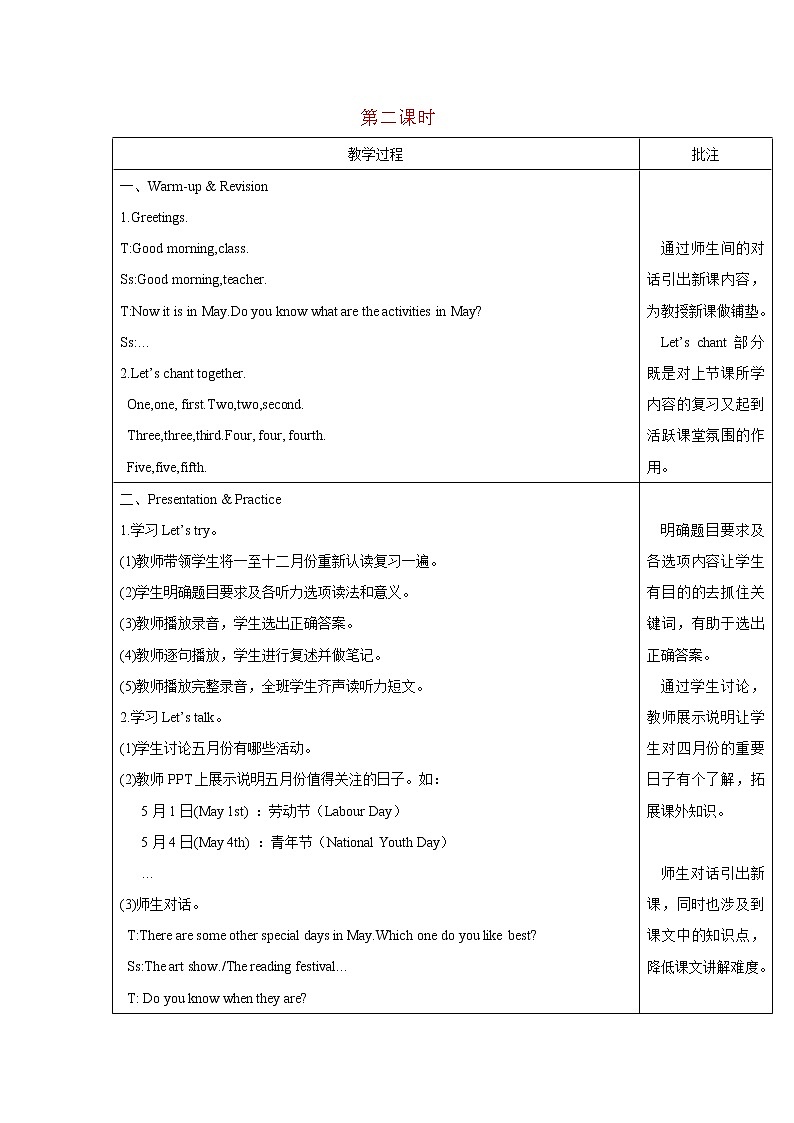 人教版（PEP）五年级英语下册Unit4WhenistheartshowPartA第2课时教案第1页