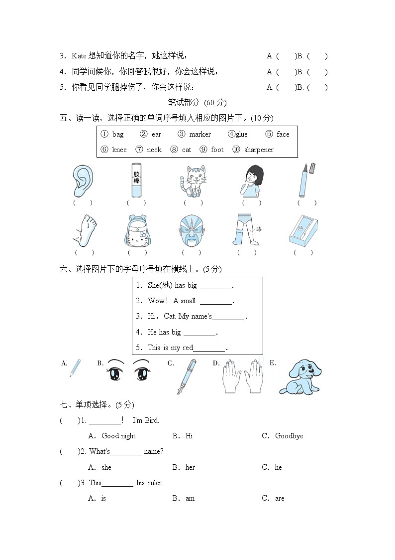 人教精通版三起三年级英语上册期中检测卷含答案02