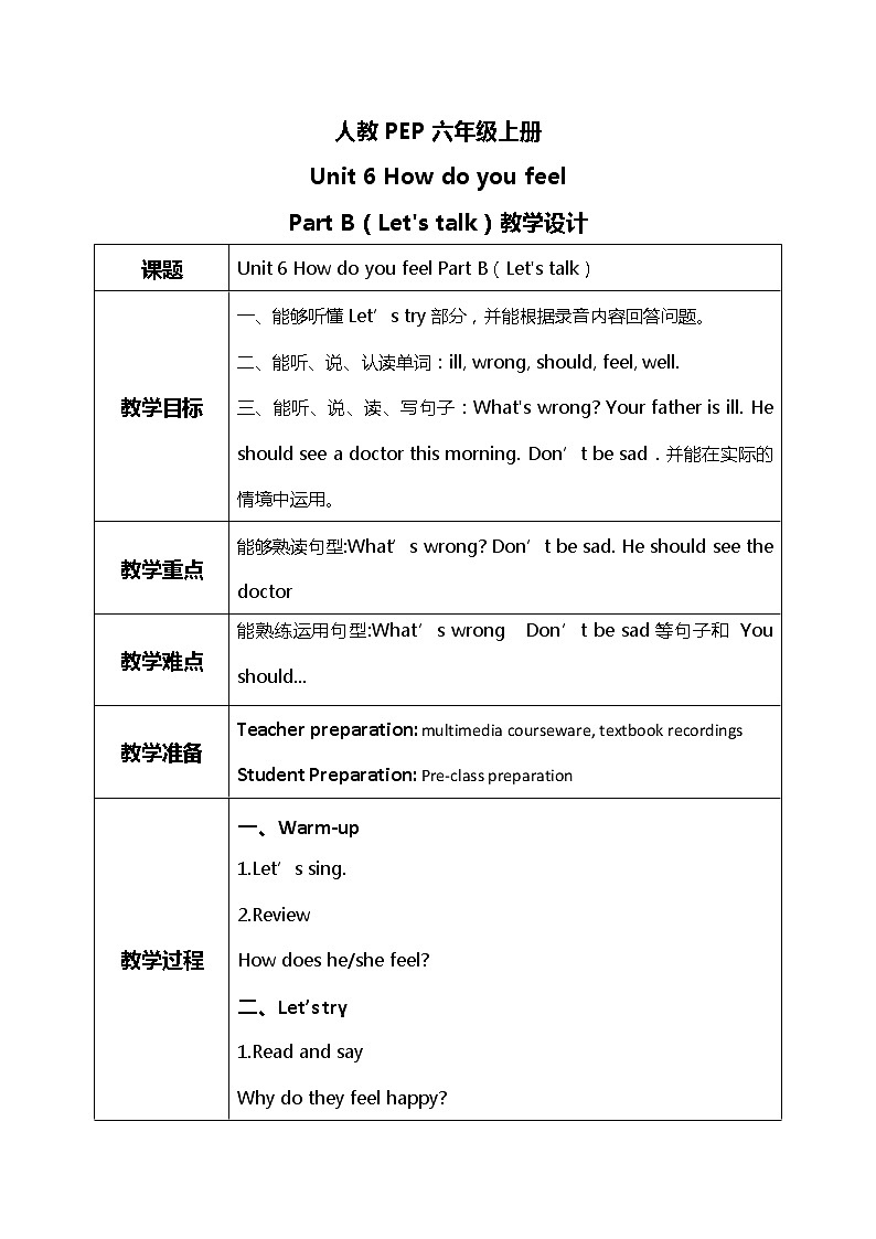 人教版PEP六上《Unit 6 How do you feel Part B（Let 's talk）》教学设计第1页