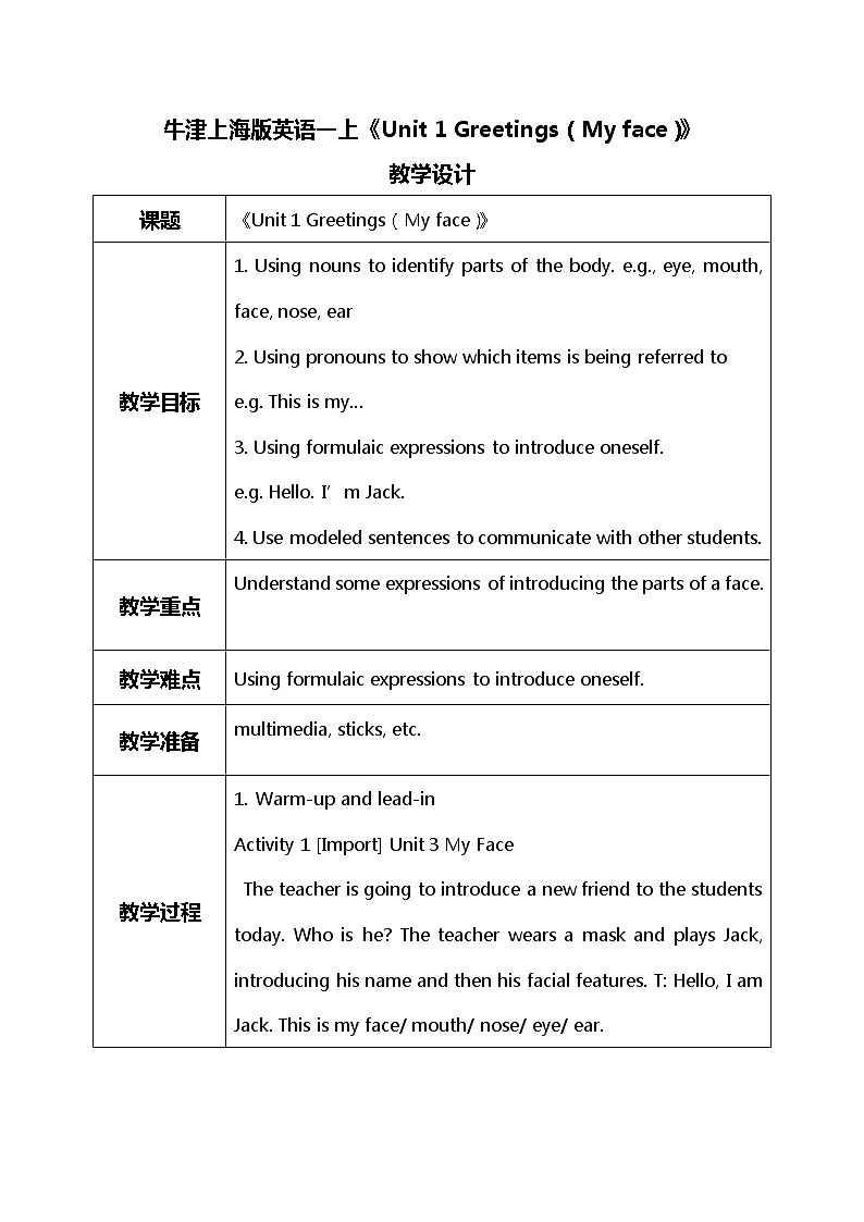 Module 1 Unit 3 My face课件PPT+教案01
