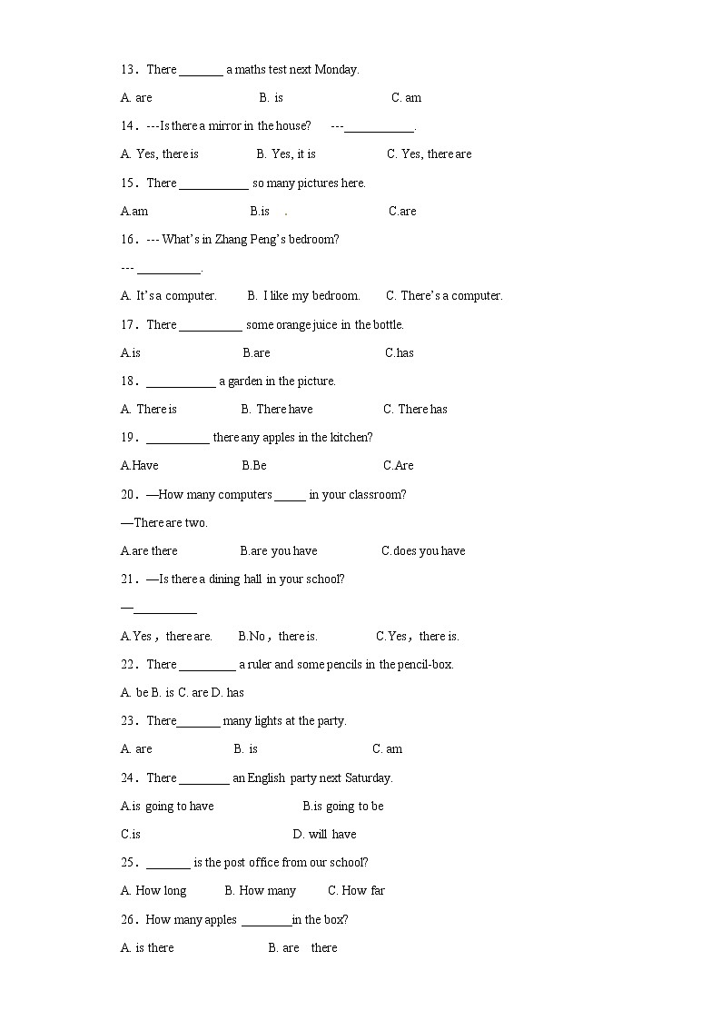 小升初英语知识专项训练（时态与句法）-15.there be 结构通用版附答案解析第2页