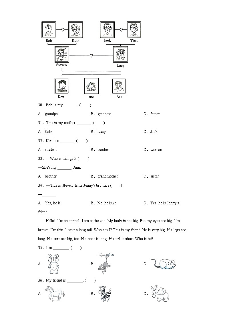 人教PEP版英语三年级下册Unit1-Unit3阅读理解专项强化练习（试题）（含答案）03