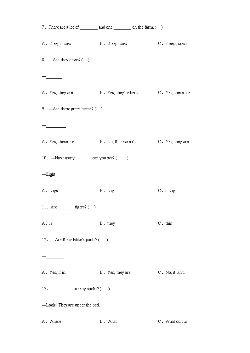 Unit4-Unit6语法、句型和短语专项强化练习（试题）人教PEP版英语四年级下册（含答案）02