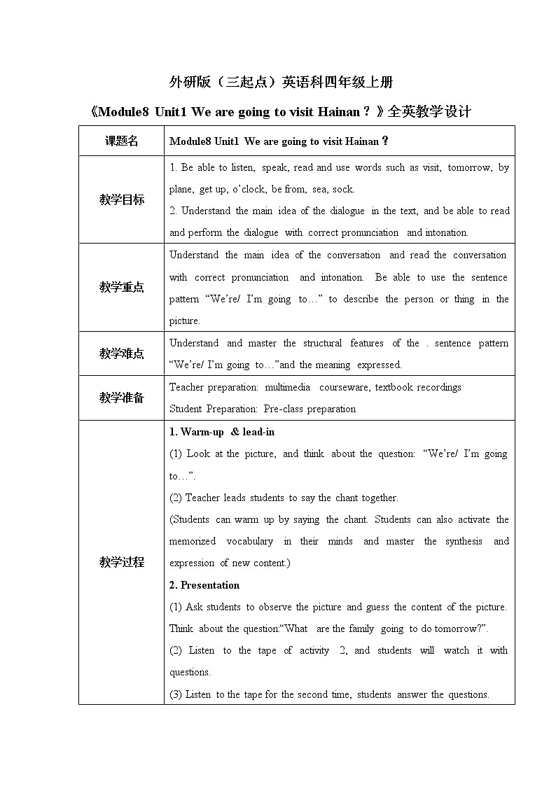 Module8 Unit1 We are going to visit Hainan？课件+教案01