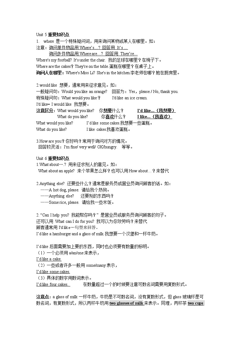 四年级上册英语素材资料   5-8单元知识点   译林版（三起）01