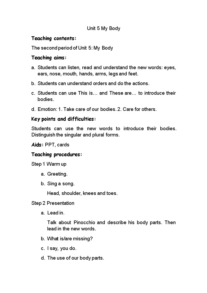 广东版开心学英语四上Unit 5《My Body》word教学设计101