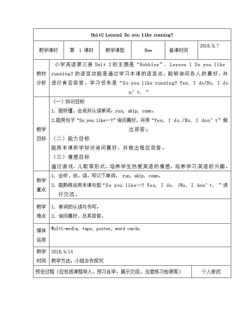 四年级上册英语教案-Unit2 Lesson1 Do you like running-鲁科版（五四制）（三起）（表格式）01