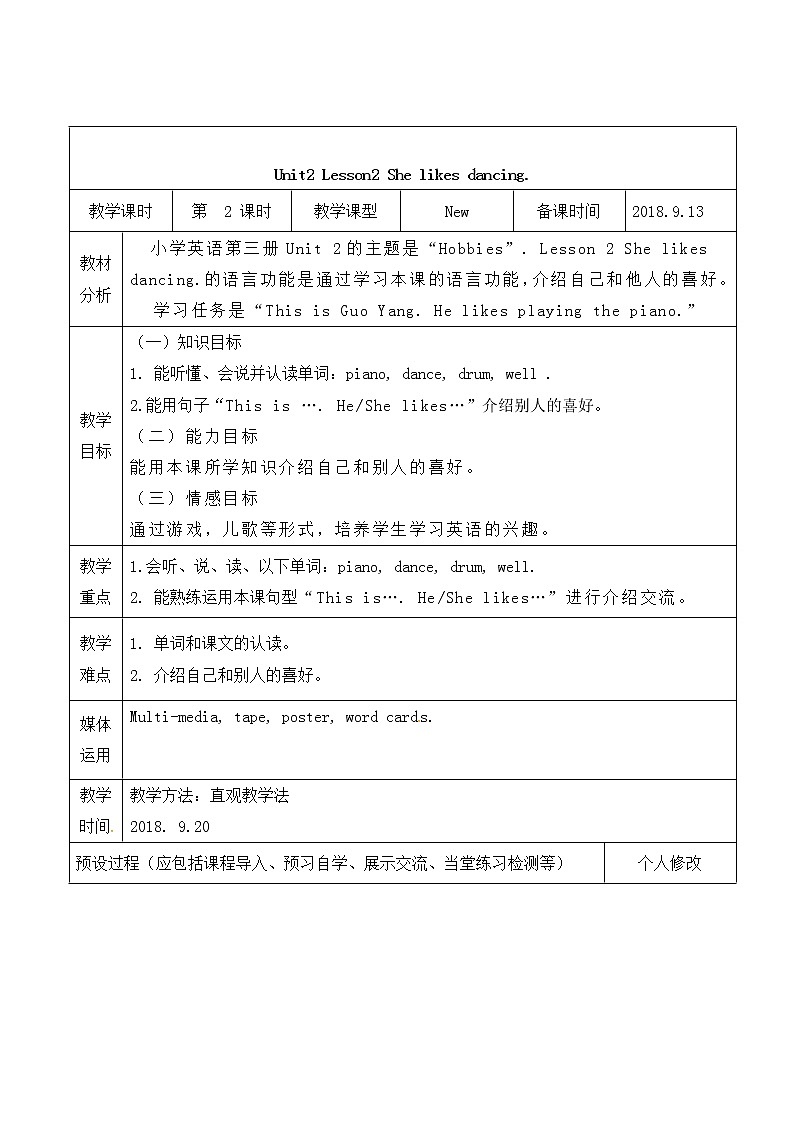 四年级上册英语教案-Unit2 Lesson2 She likes dancing- 鲁科版(五四制)(三起)（表格式）01