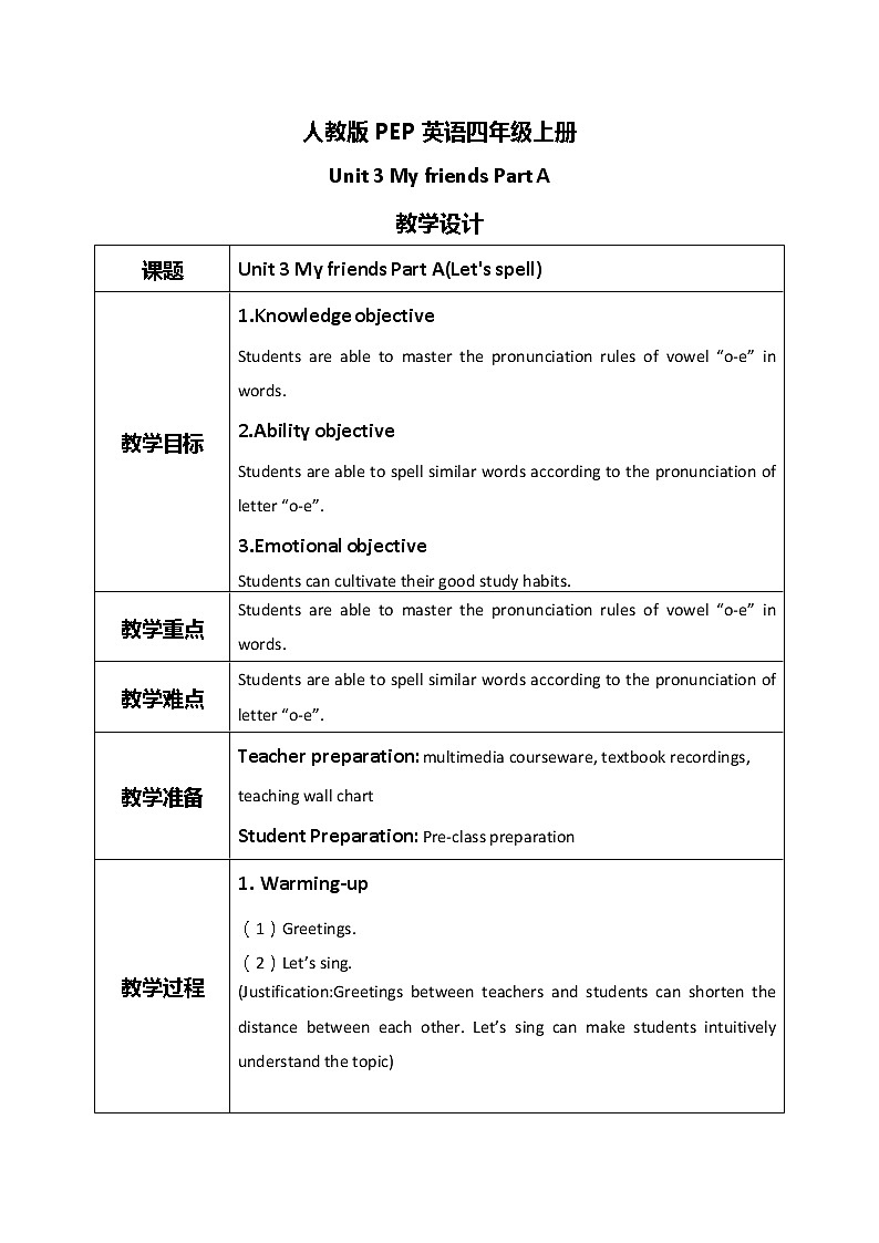 Unit 3 My friends 第三课时Part A(Let 's spell)教案第1页