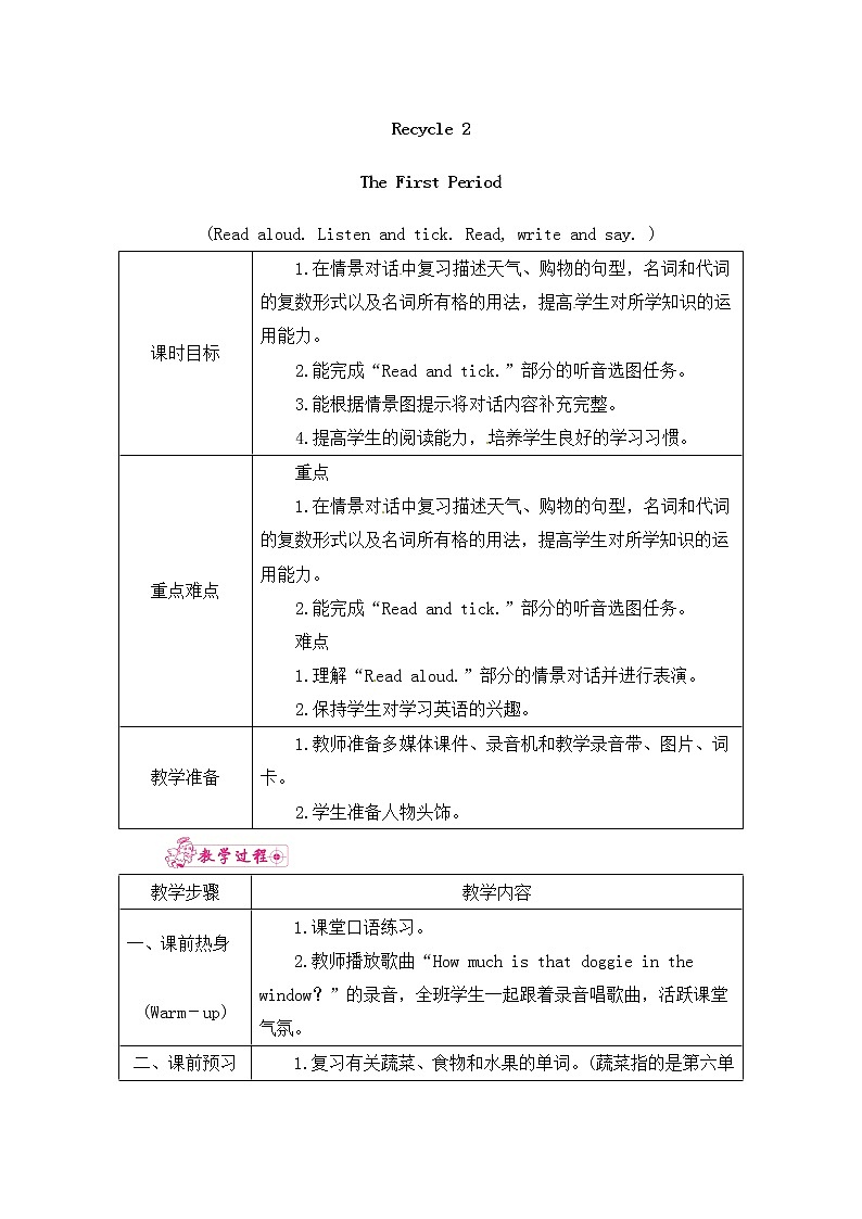 四年级下册英语教案－Recycle 2－The First Period 人教PEP版第1页