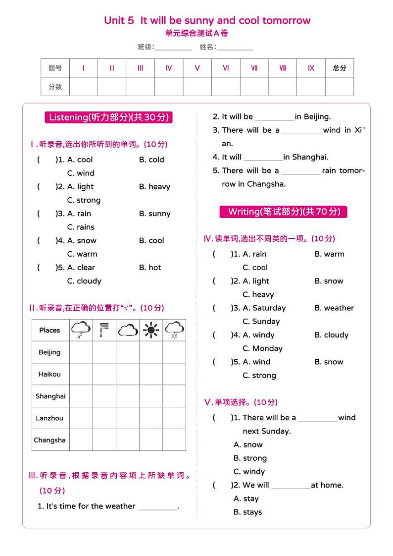 Unit 5 It will be sunny and cool tomorrow单元综合测试卷A（含答案）01