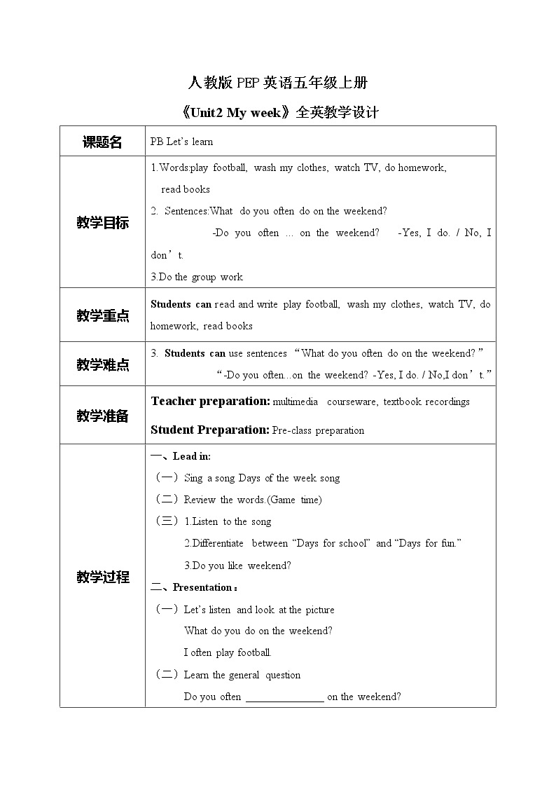 Unit 2 My week PB Let's learn 课件PPT+教案01