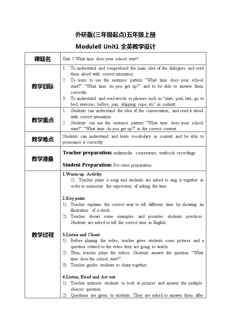 Module8 Unit1《What time does your school start》课件+教案01