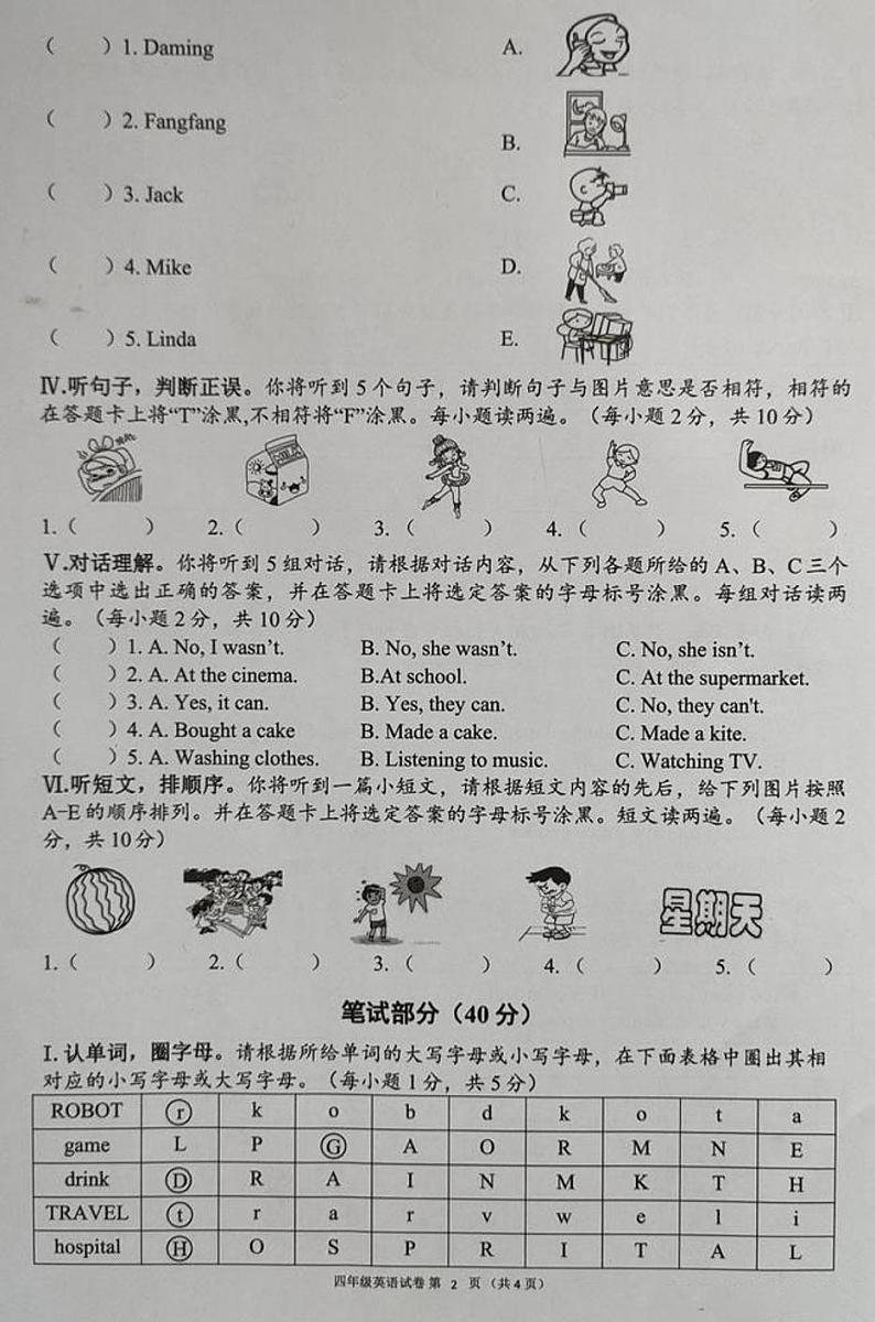 山西省吕梁市方山县实验小学2020-2021学年度下学期期末义务教育质量监测四年级英语 人教PEP版 PDF 无答案第2页