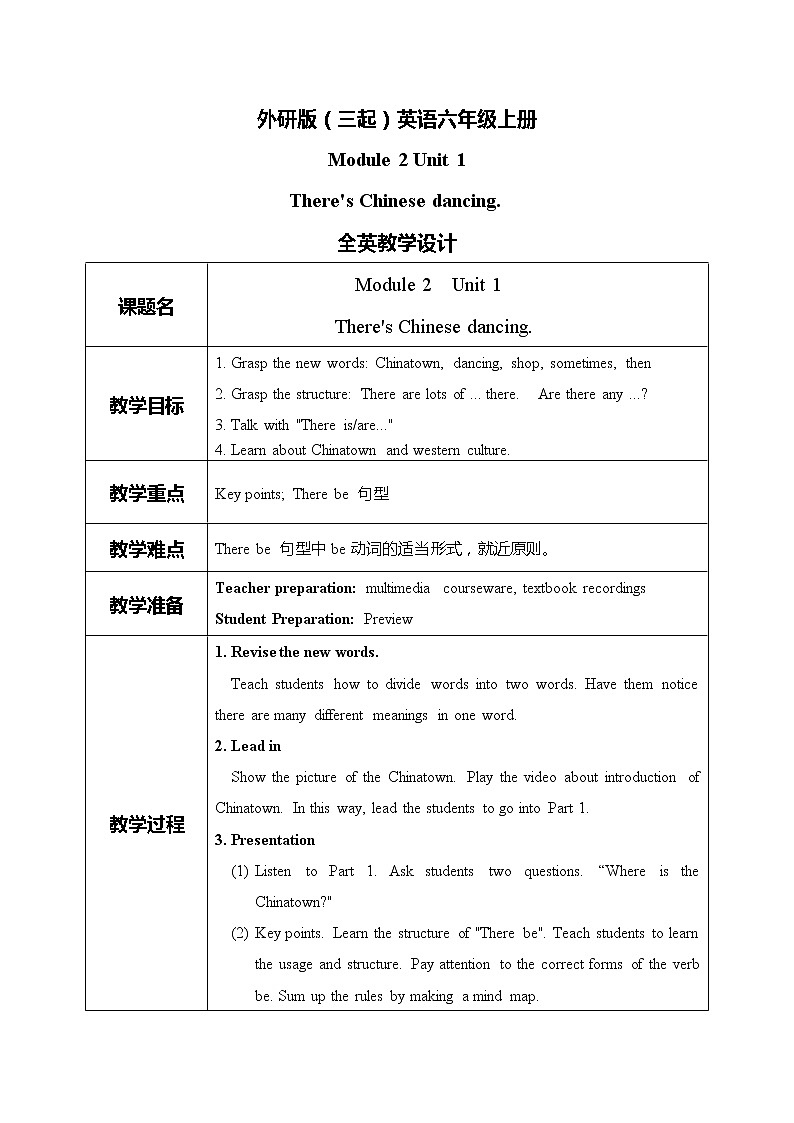 外研版（三起）六上 Module2 Unit1 There's Chinese dancing. 课件+教学设计01