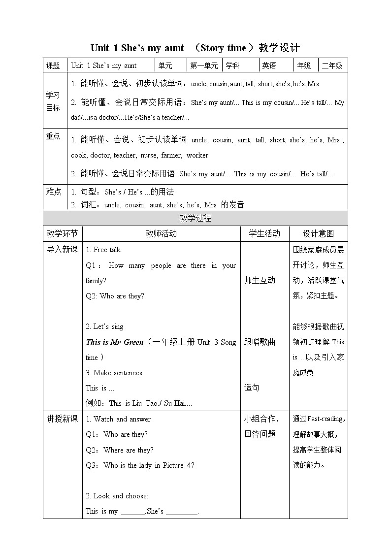 牛津译林版二年级上册英语Unit 1She is my  aunt  Story time教案01