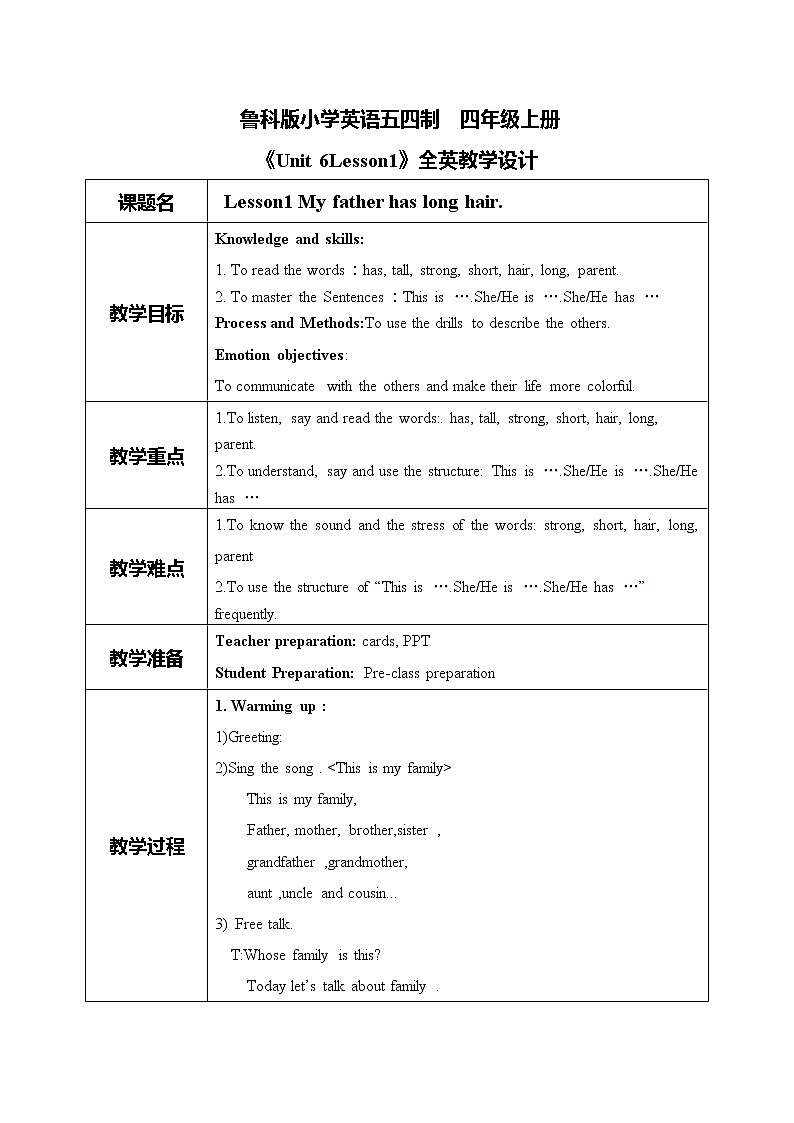鲁科版五四制四上英语《Family》Unit6 Lesson1 My father has long hair.课件+教案01
