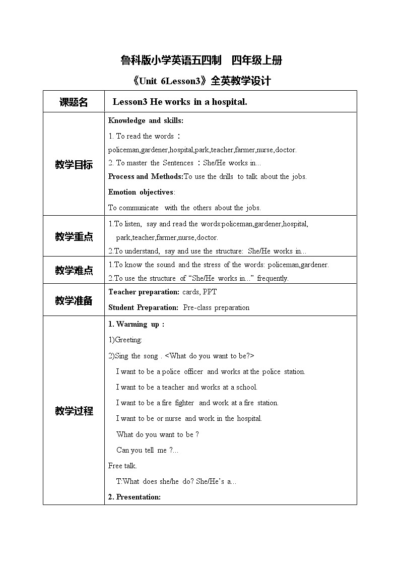 鲁科版五四制四上英语《Family》Unit 6 Lesson 3 She works in a hospital.课件+教案01