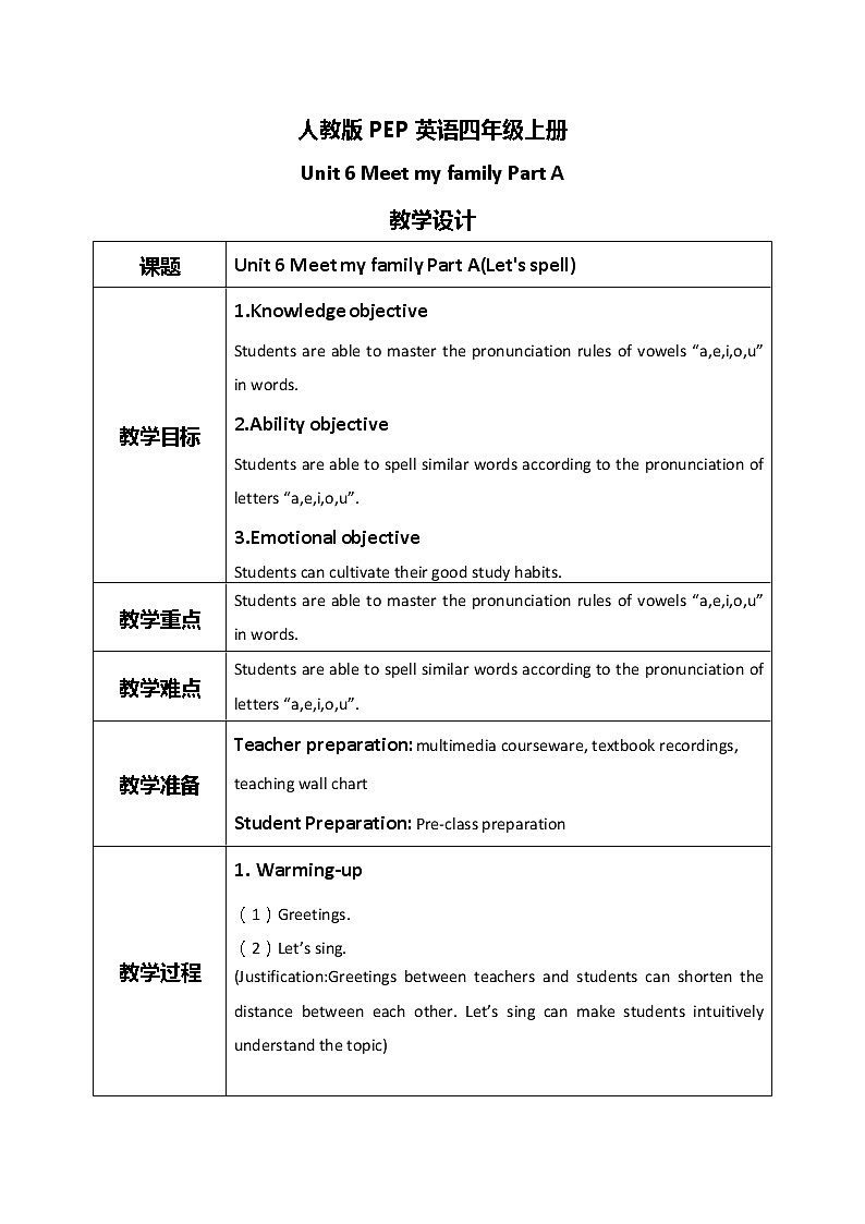 Unit 6 Meet my family  第三课时Part A(Let 's spell)教案第1页