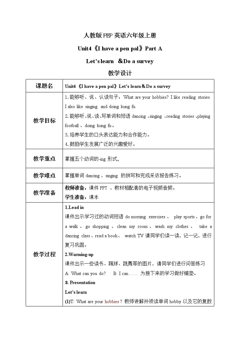 PEP六上Unit4I have a pen pal Part A第一课时 课件PPT+ 教案01