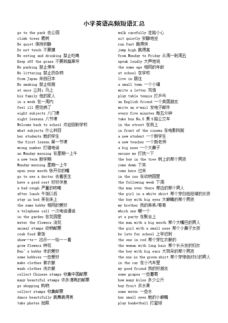 小学英语小升初高频短语汇总第1页