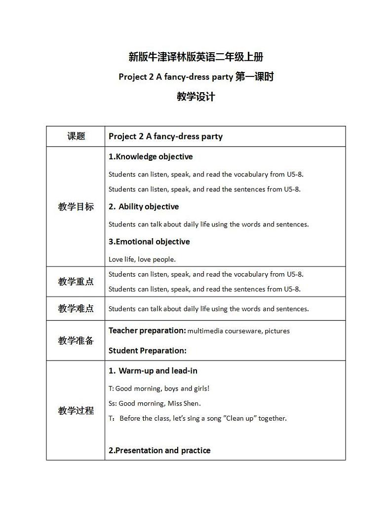 Project 2 A fancy-dress party Period 1课件+教案+同步练习01
