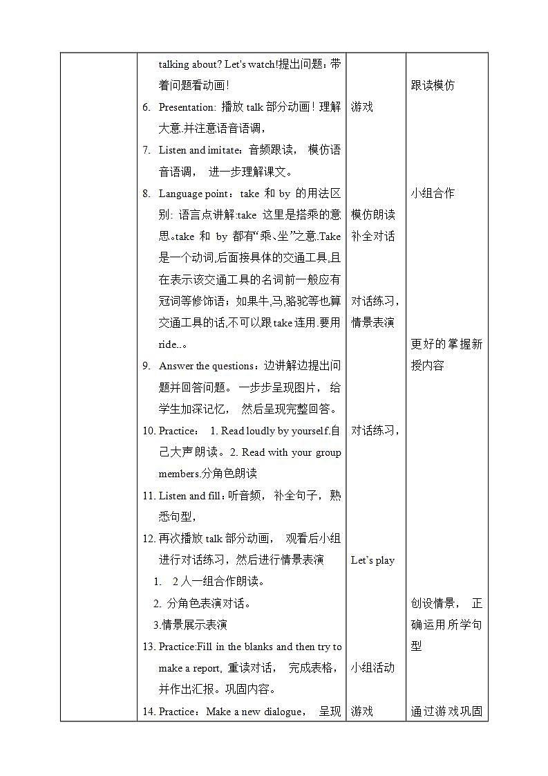 人教PEP版6上英语 Unit 2 Ways to go to school PB Let's talk 教案第2页