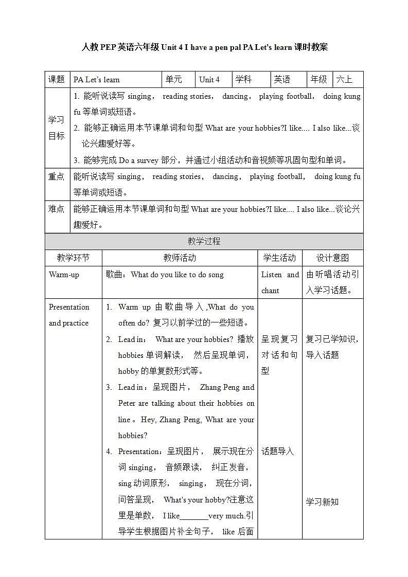 人教PEP版6上英语 Unit 4 I have a pen pal PA Let's learn 课件+教案+练习+音视频01
