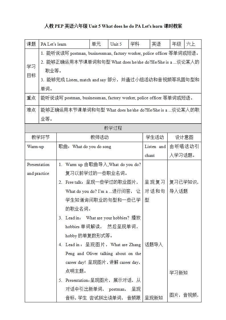 人教PEP版6上英语 Unit 5 What does he do PA Let's learn 课件+教案+练习+音视频01
