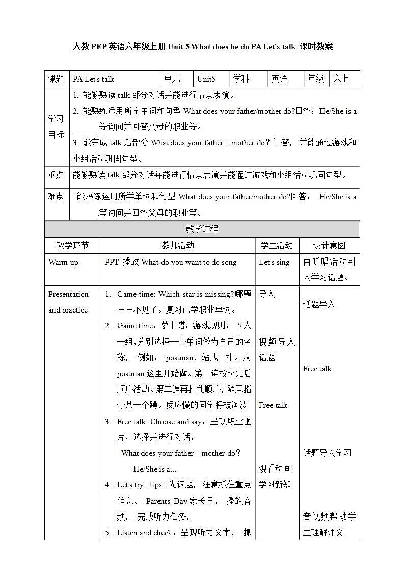 人教PEP版6上英语 Unit 5 What does he do PA Let's talk 课件+教案+练习+音视频01