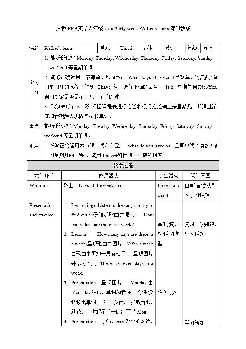 Unit 2 My week PA Let's learn 课件+教案+练习+动画素材01