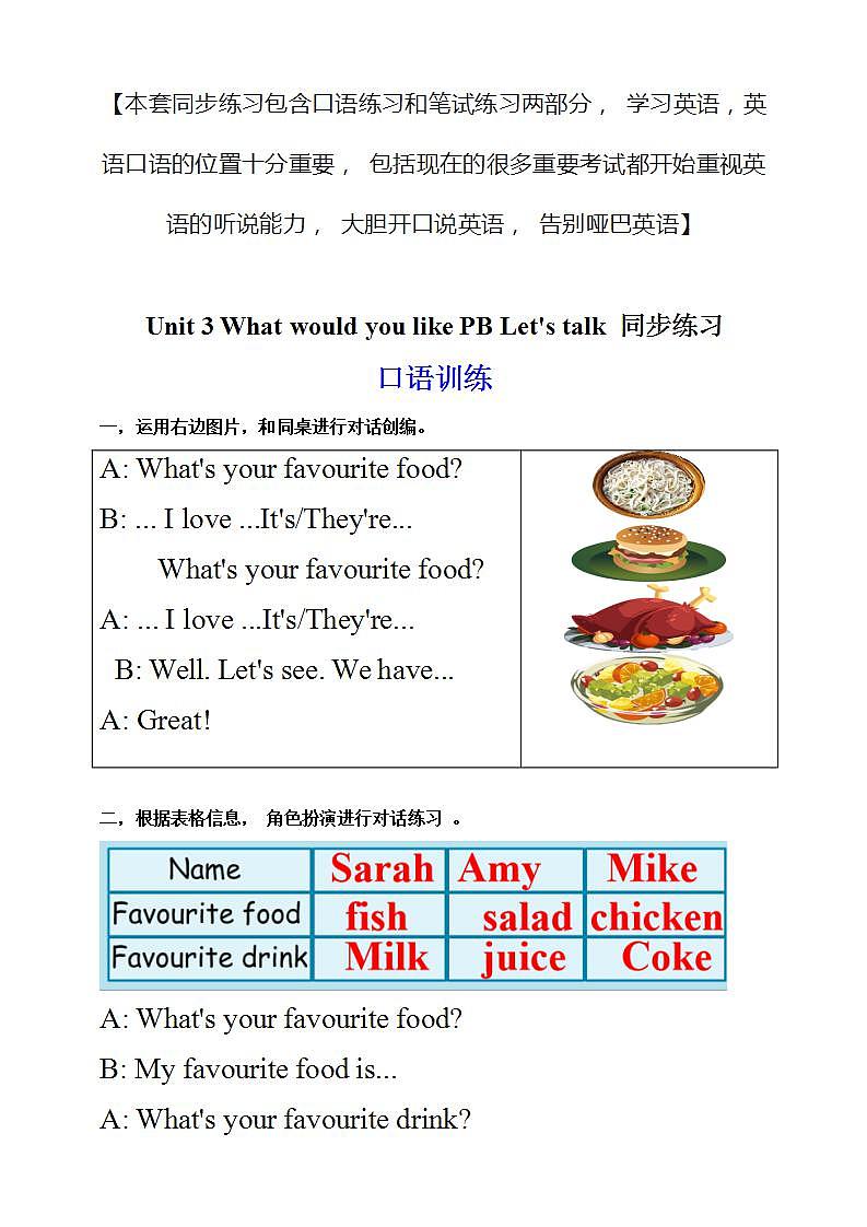 Unit 3 What would you like PB Let's talk 课件+教案+动画素材01
