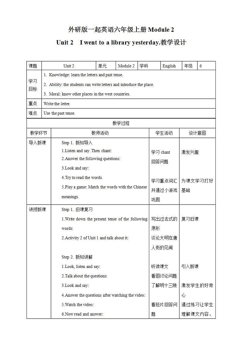 外研版（一年级起点）6上英语 Module 2 Unit 2 I went to a library yesterday 课件+教案+练习+音视频01