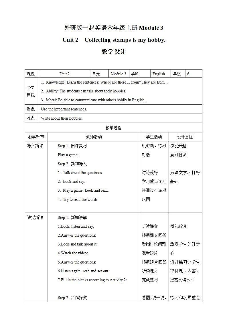 外研版（一年级起点）6上英语 Module 3 Unit 2 Collecting stamps is my hobby 课件+教案+练习+音视频01
