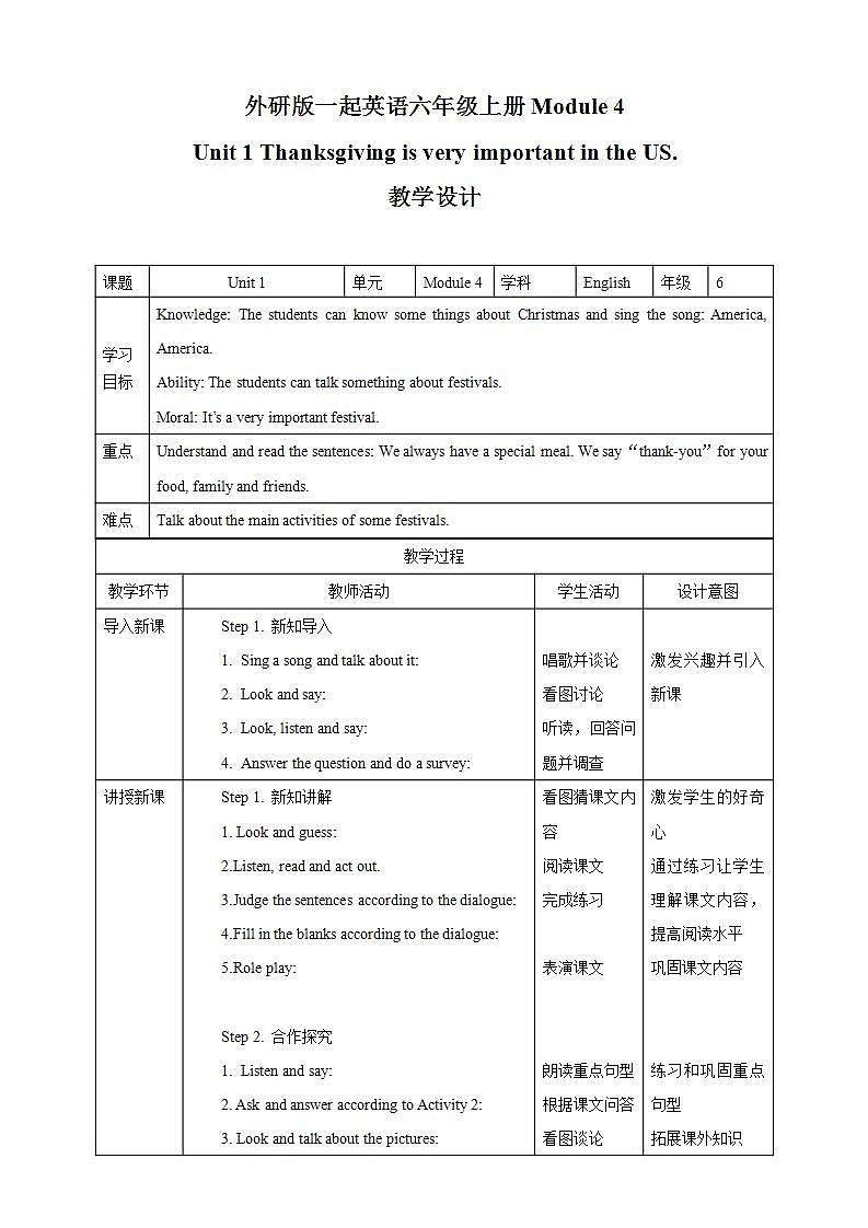 外研版（一年级起点）6上英语 Module 4 Unit 1 Thanksgiving is very important in the US 课件+教案+练习+音视频01