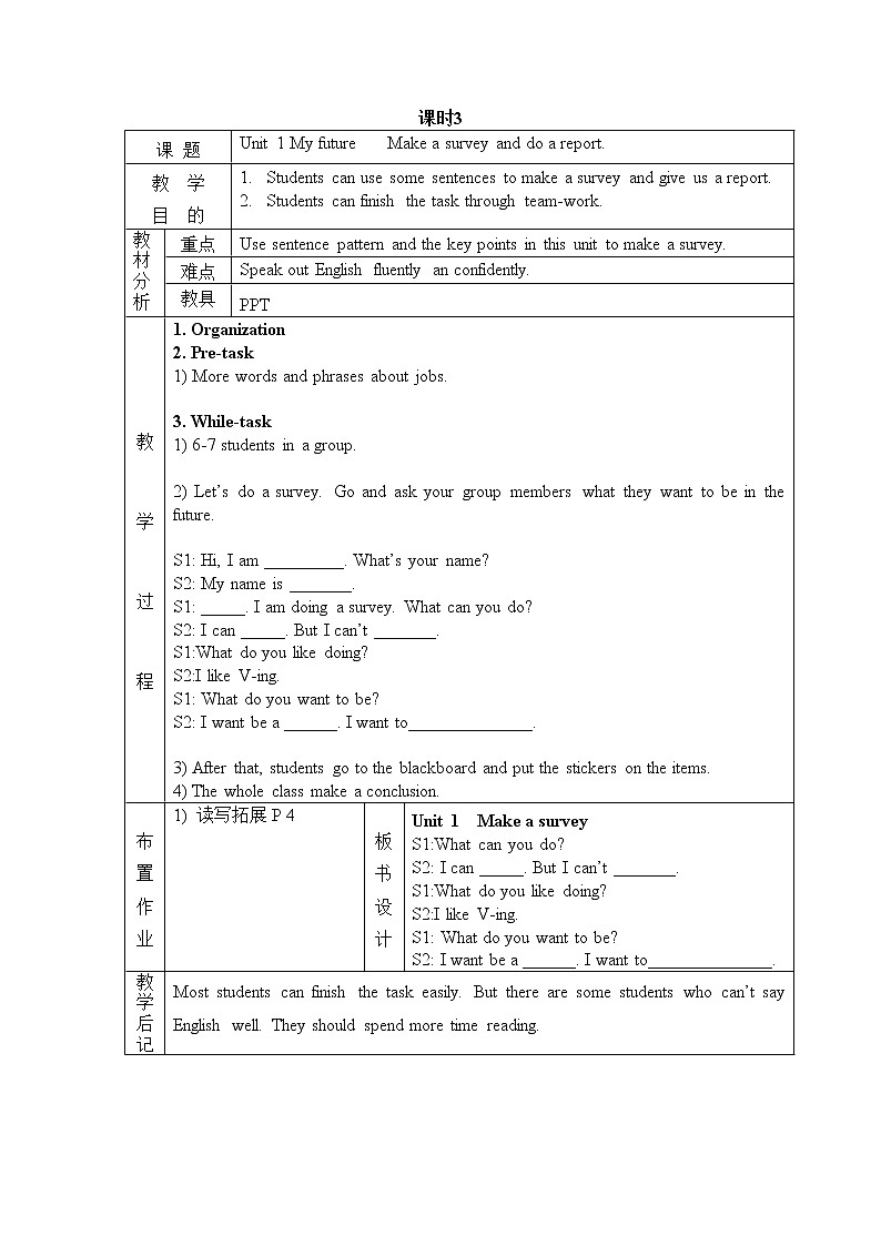 五年级上册英语教案（表格式）-Unit 1 My future 第三课时沪教牛津版（深圳用）01