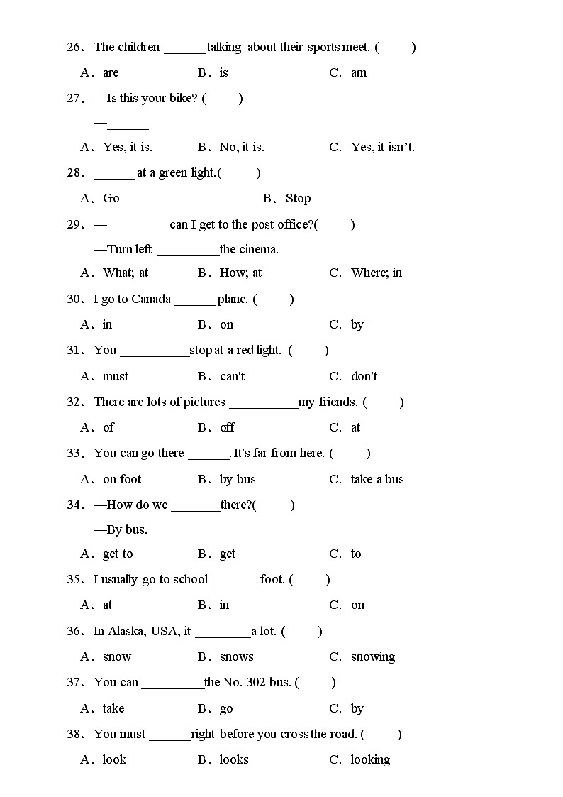 【新课标】人教PEP版英语六年级上册Unit2 专项训练-单项选择卷03