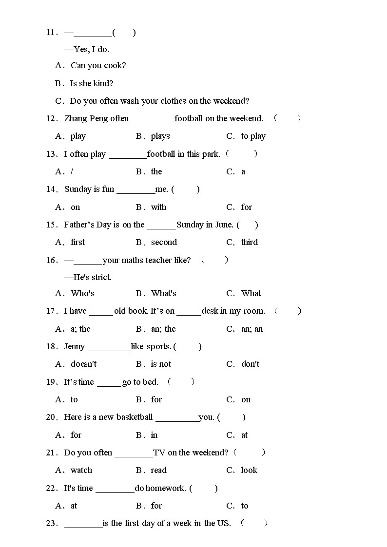 【新课标】人教PEP版英语五年级上册Unit2专项训练-单项选择卷第2页