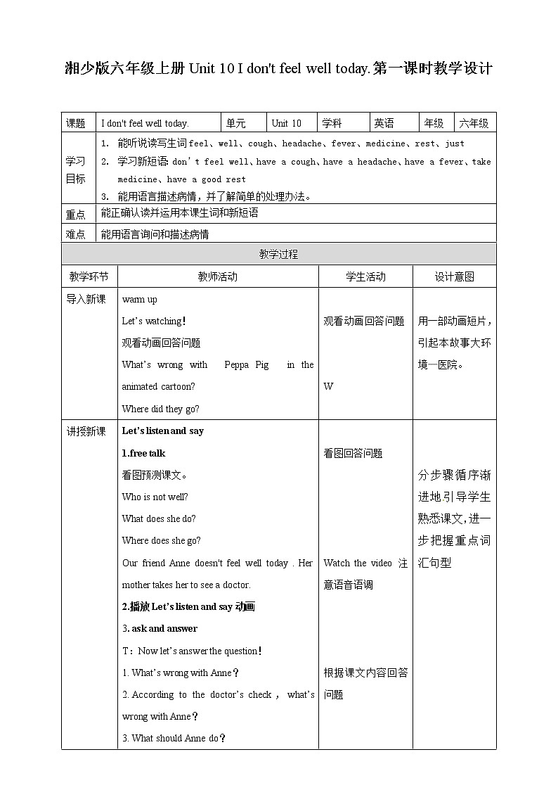 六年级上册英语教案- Unit 10 I don't feel well today.第一课时  湘少版（三起）01