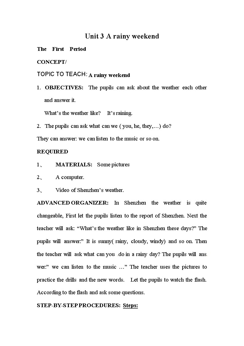 五年级上册英语教案- Unit 3 A rainy weekend｜深港朗文版01